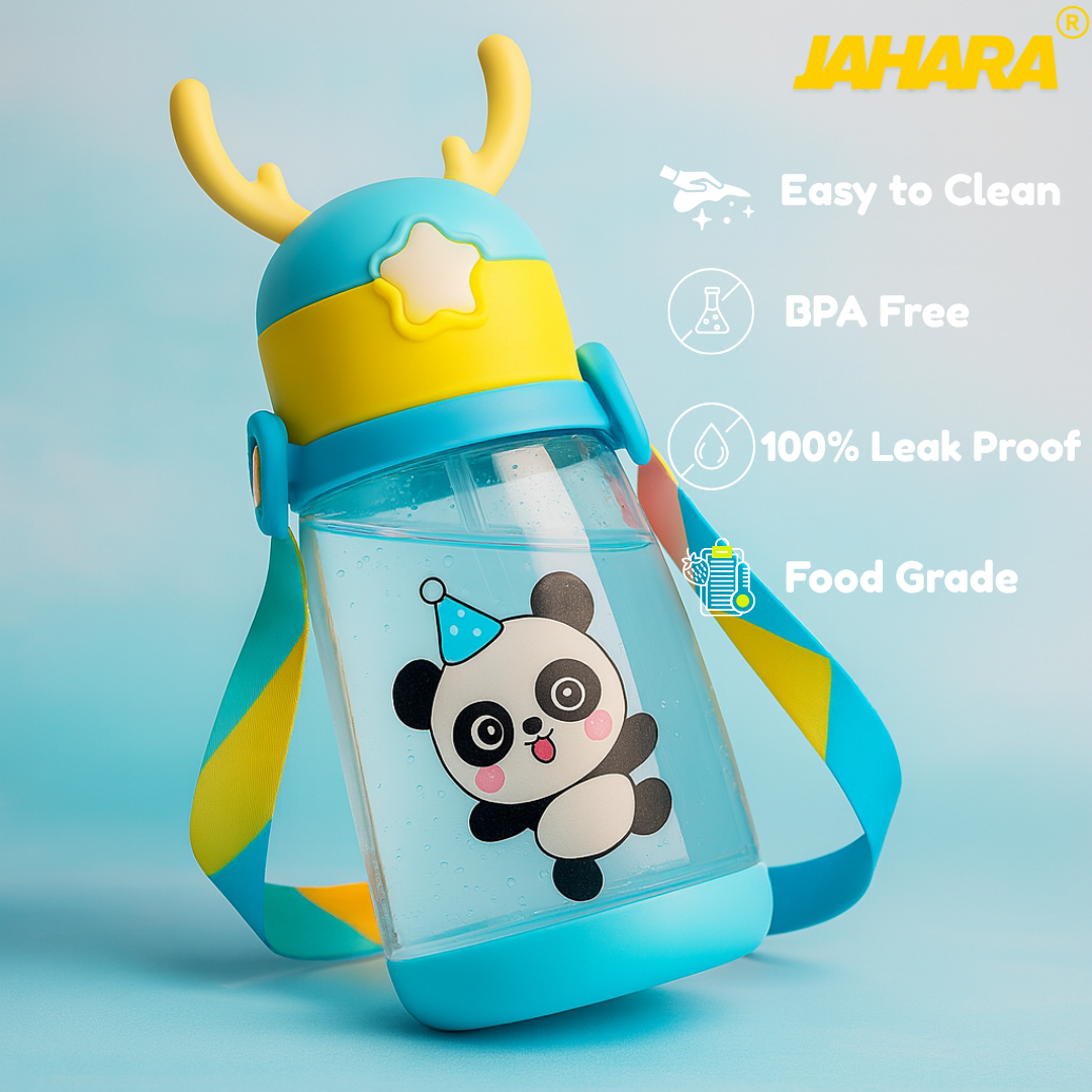 Panda Cute Cartoon Horn Kids Water Bottle with Straw & Strap.