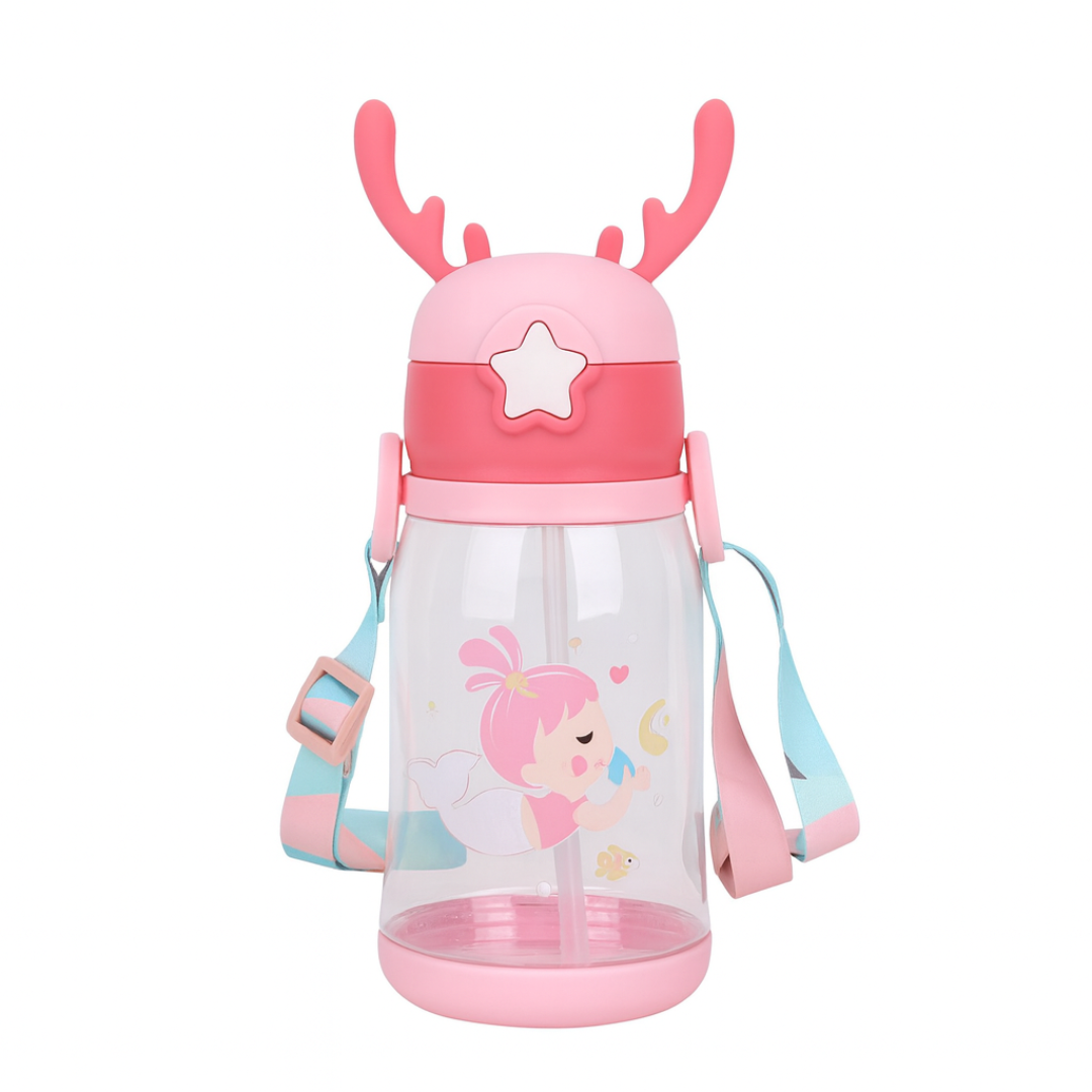Mermaid Cute Cartoon Horn Kids Water Bottle with Straw & Strap