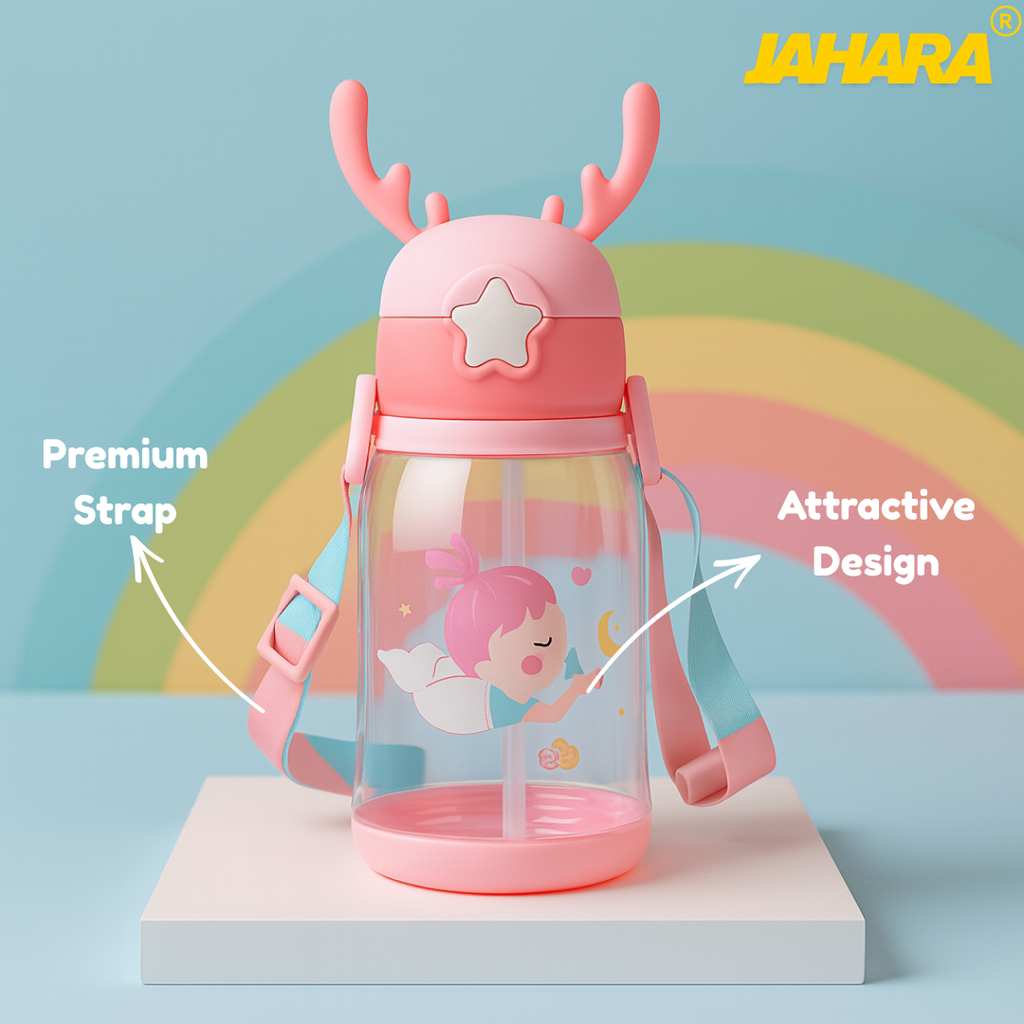 Mermaid Cute Cartoon Horn Kids Water Bottle with Straw & Strap
