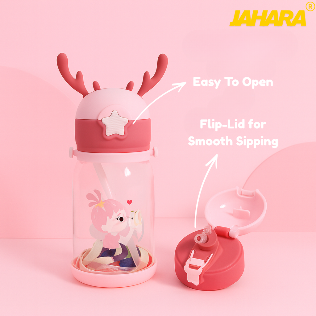 Mermaid Cute Cartoon Horn Kids Water Bottle with Straw & Strap