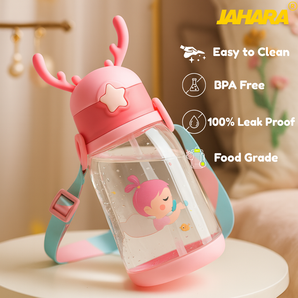 Mermaid Cute Cartoon Horn Kids Water Bottle with Straw & Strap