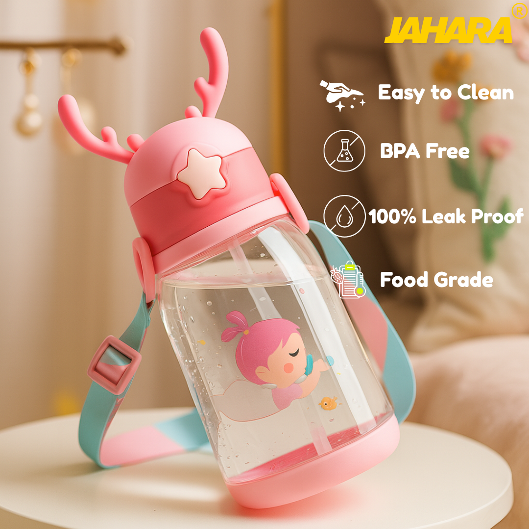 Mermaid Cute Cartoon Horn Kids Water Bottle with Straw & Strap