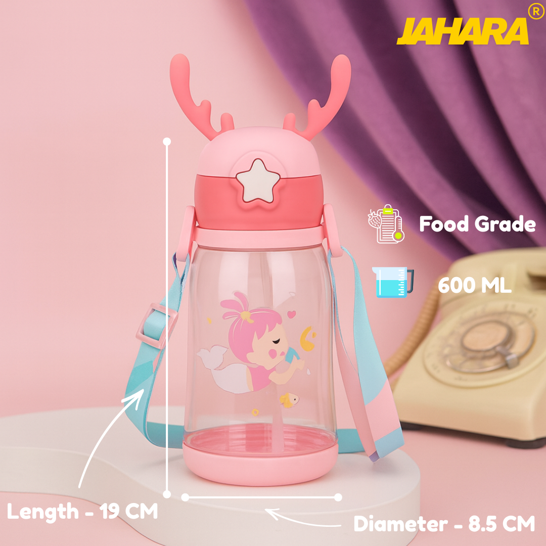 Mermaid Cute Cartoon Horn Kids Water Bottle with Straw & Strap
