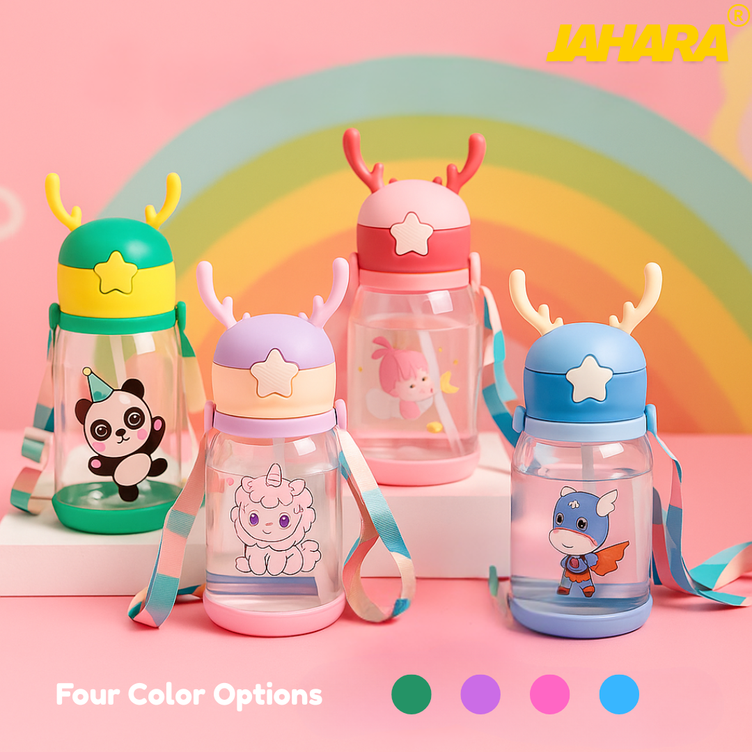 Mermaid Cute Cartoon Horn Kids Water Bottle with Straw & Strap