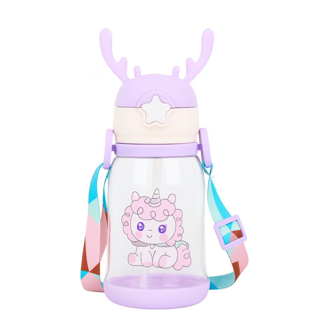 Unicorn Cute Cartoon Horn Kids Water Bottle with Straw & Strap