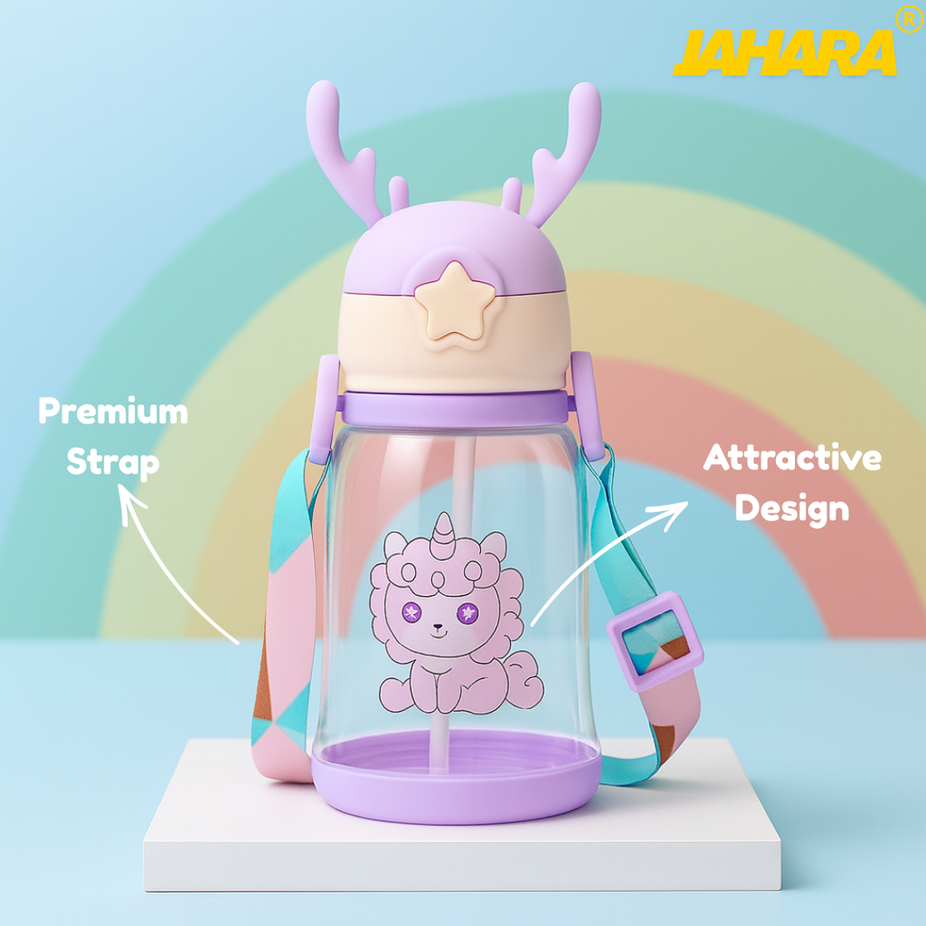 Unicorn Cute Cartoon Horn Kids Water Bottle with Straw & Strap