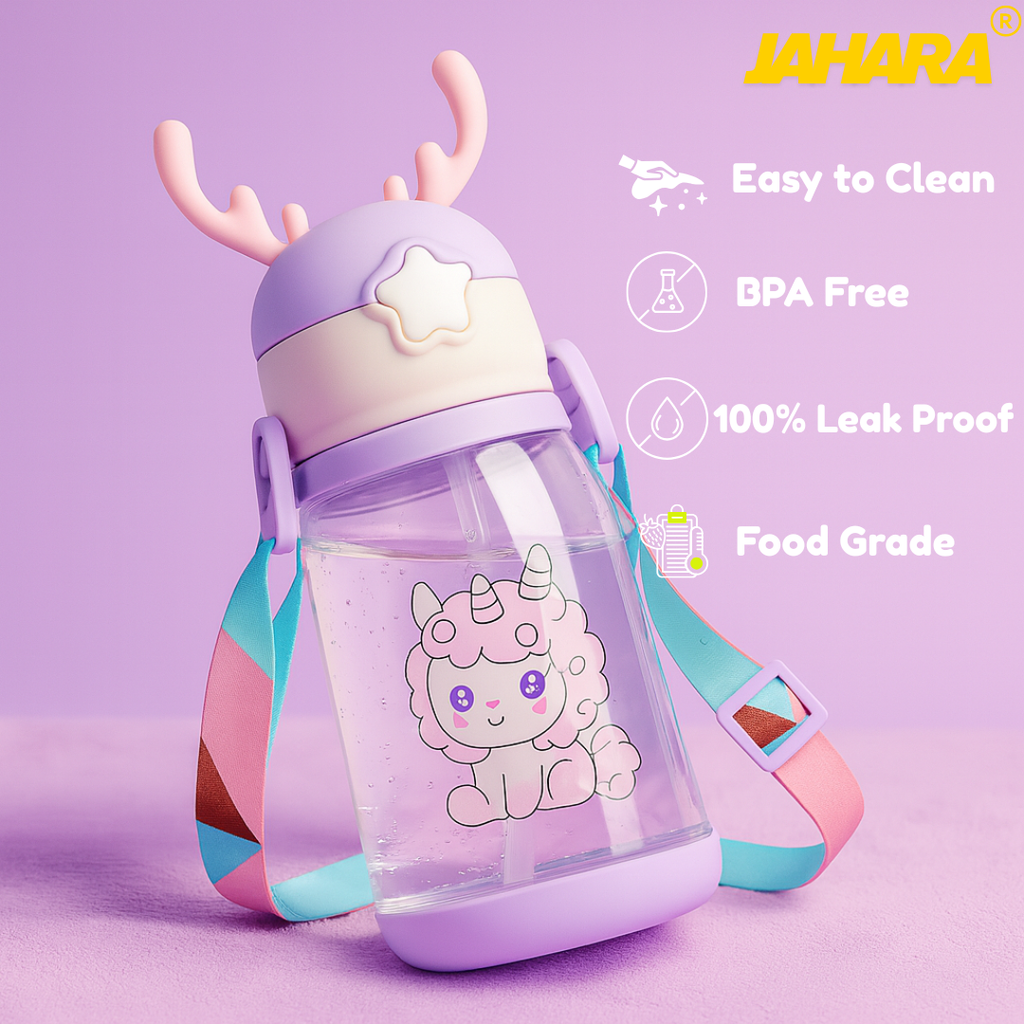 Unicorn Cute Cartoon Horn Kids Water Bottle with Straw & Strap