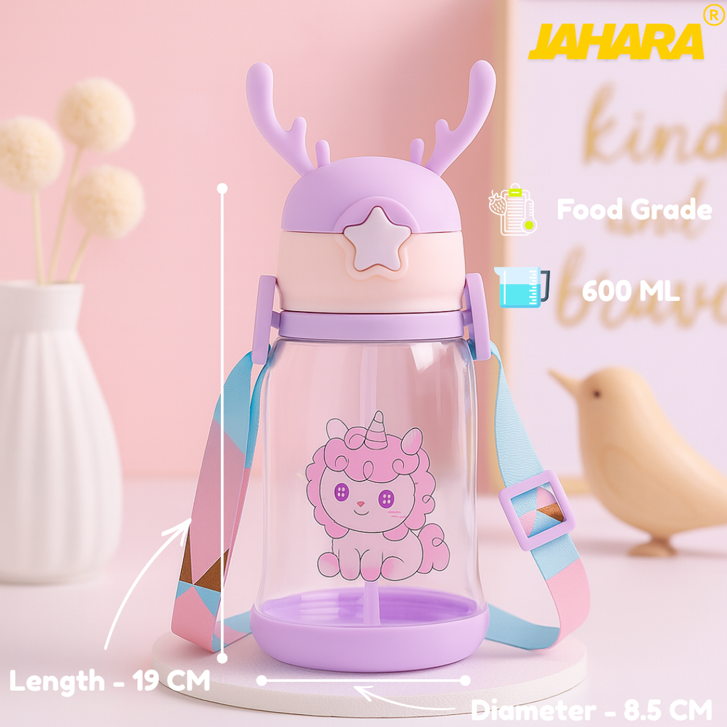 Unicorn Cute Cartoon Horn Kids Water Bottle with Straw & Strap