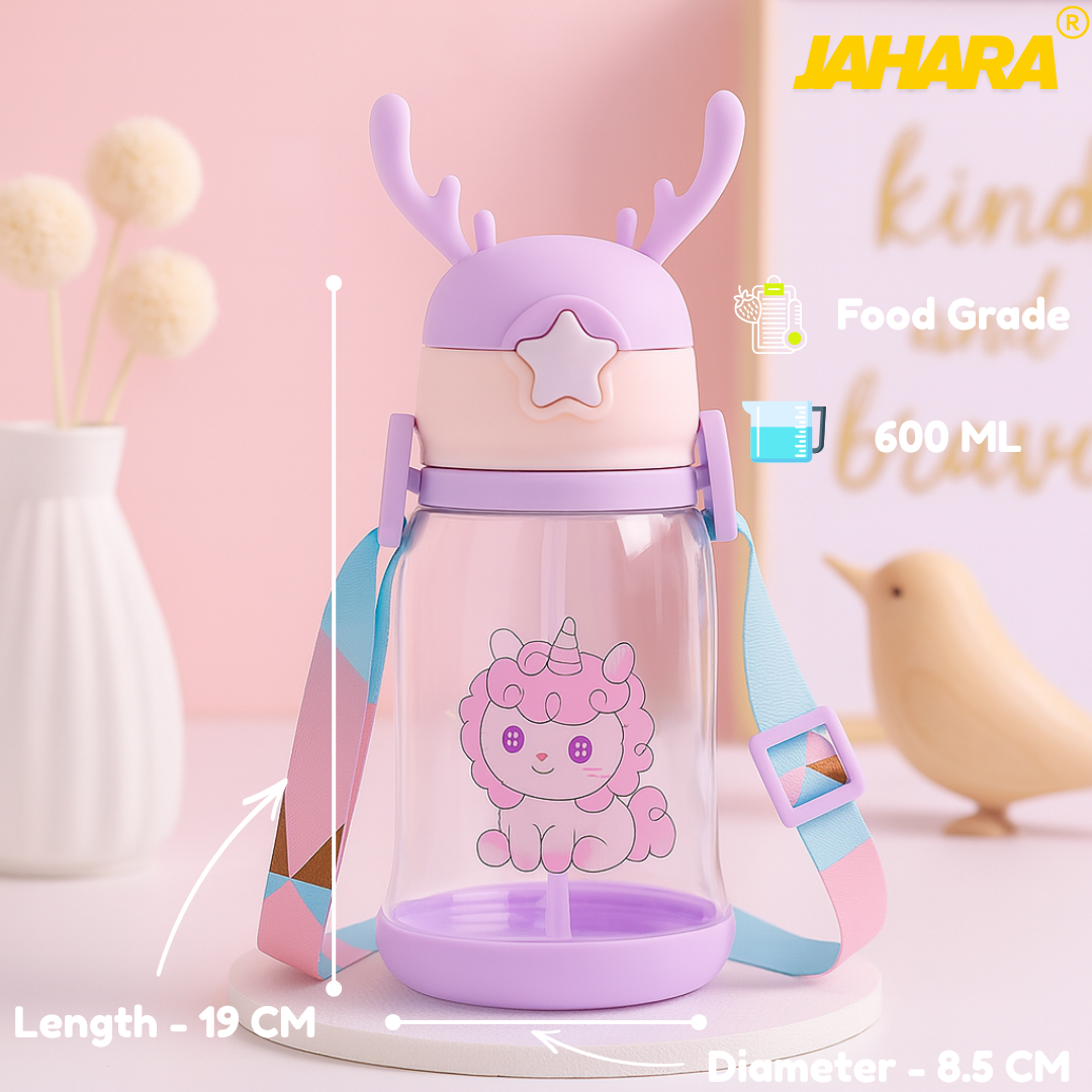 Unicorn Cute Cartoon Horn Kids Water Bottle with Straw & Strap