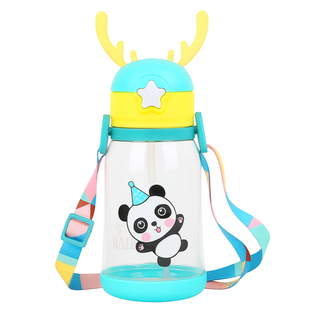 Panda Cute Cartoon Horn Kids Water Bottle with Straw & Strap.