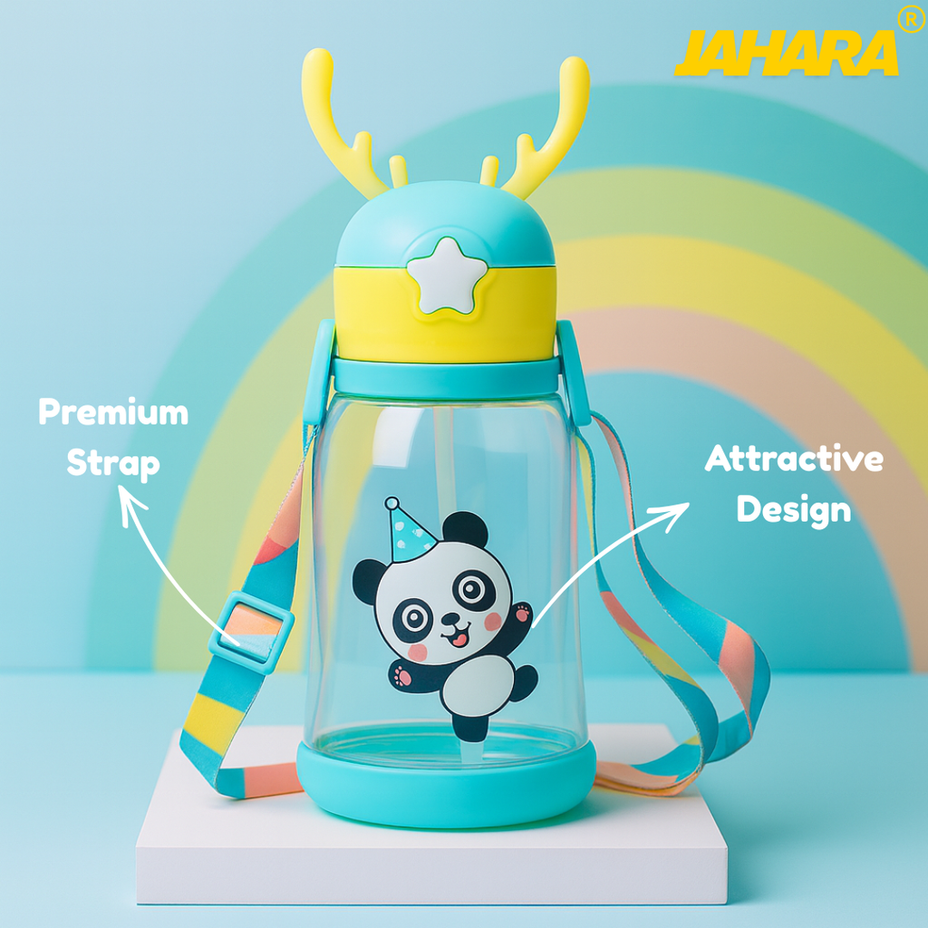 Panda Cute Cartoon Horn Kids Water Bottle with Straw & Strap.