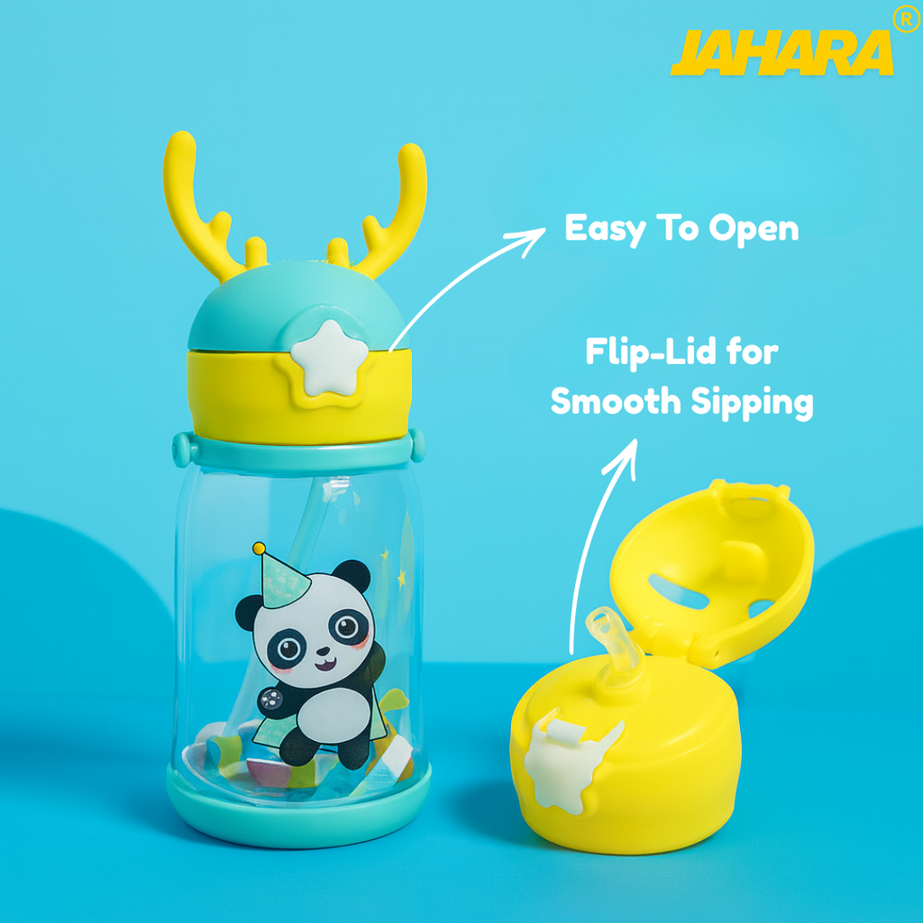 Panda Cute Cartoon Horn Kids Water Bottle with Straw & Strap.