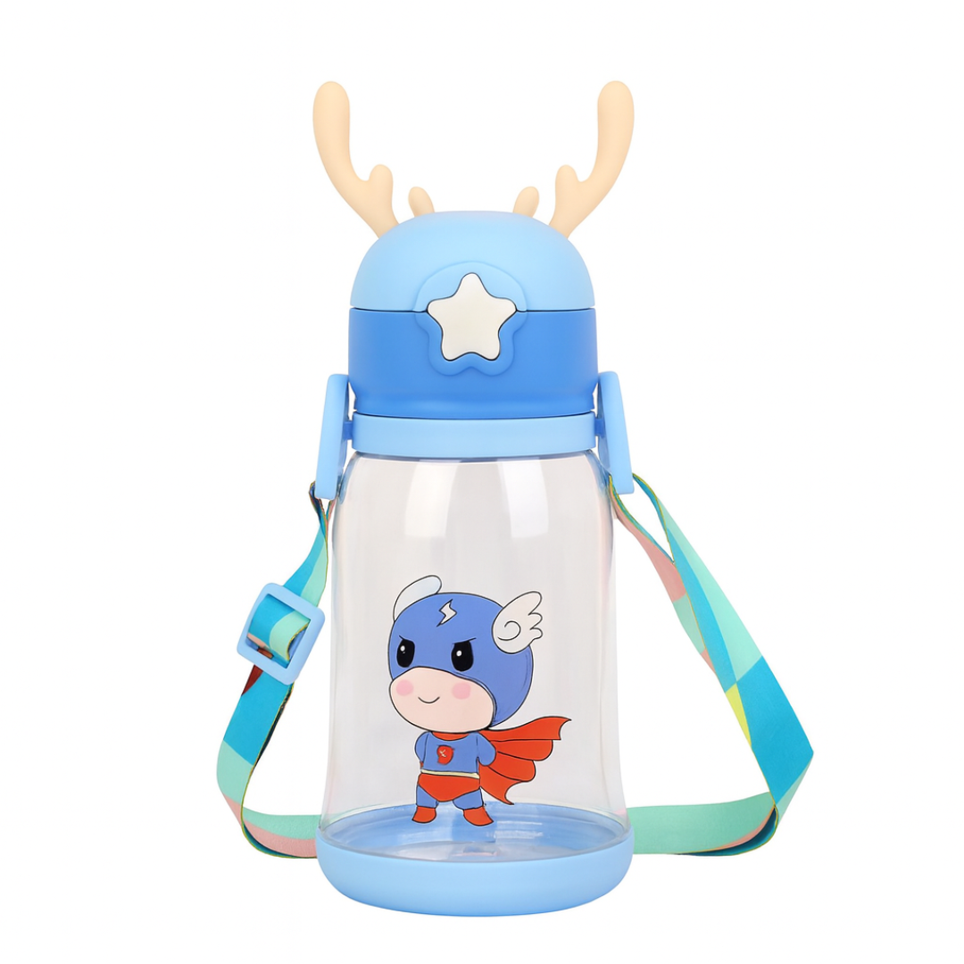 Superhero Cute Cartoon Horn Kids Water Bottle with Straw & Strap