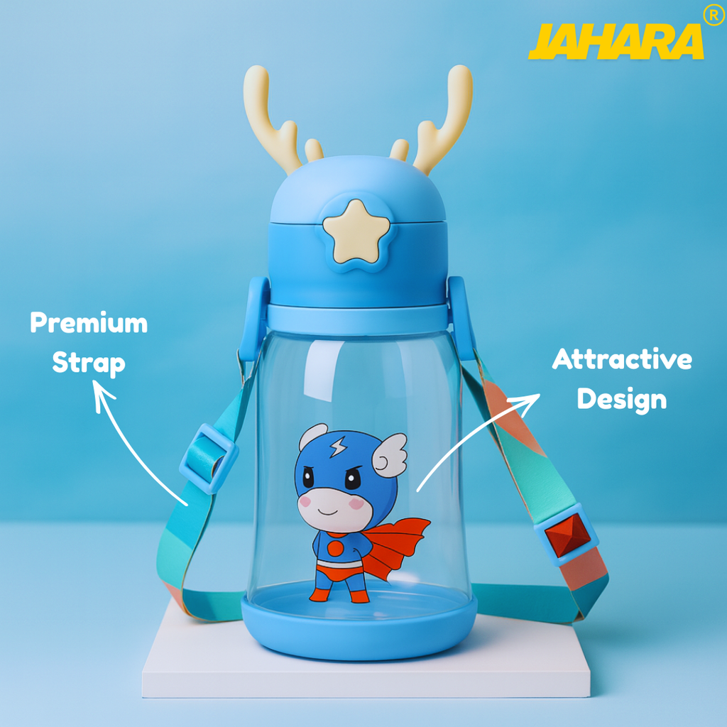 Superhero Cute Cartoon Horn Kids Water Bottle with Straw & Strap