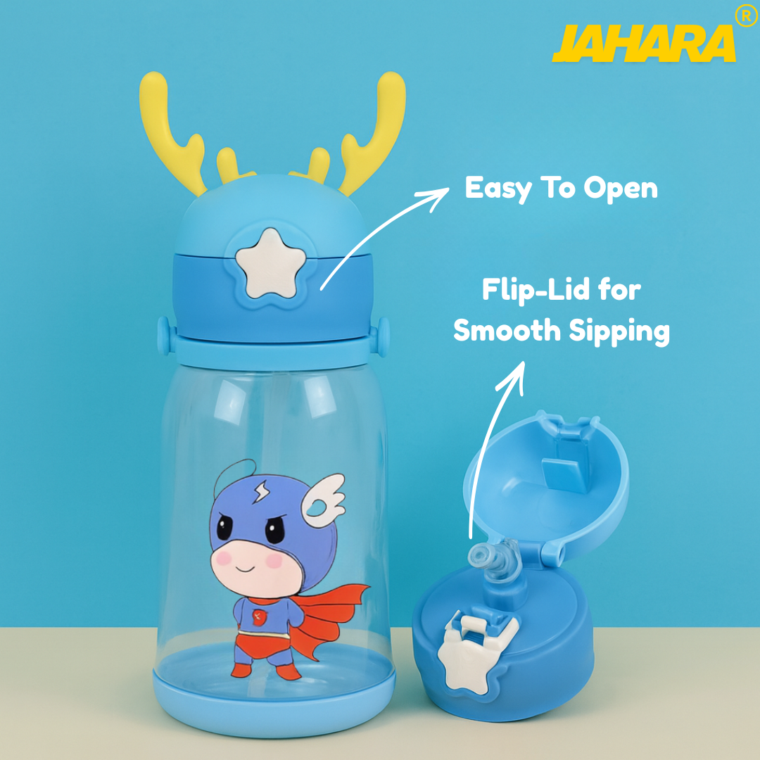 Superhero Cute Cartoon Horn Kids Water Bottle with Straw & Strap