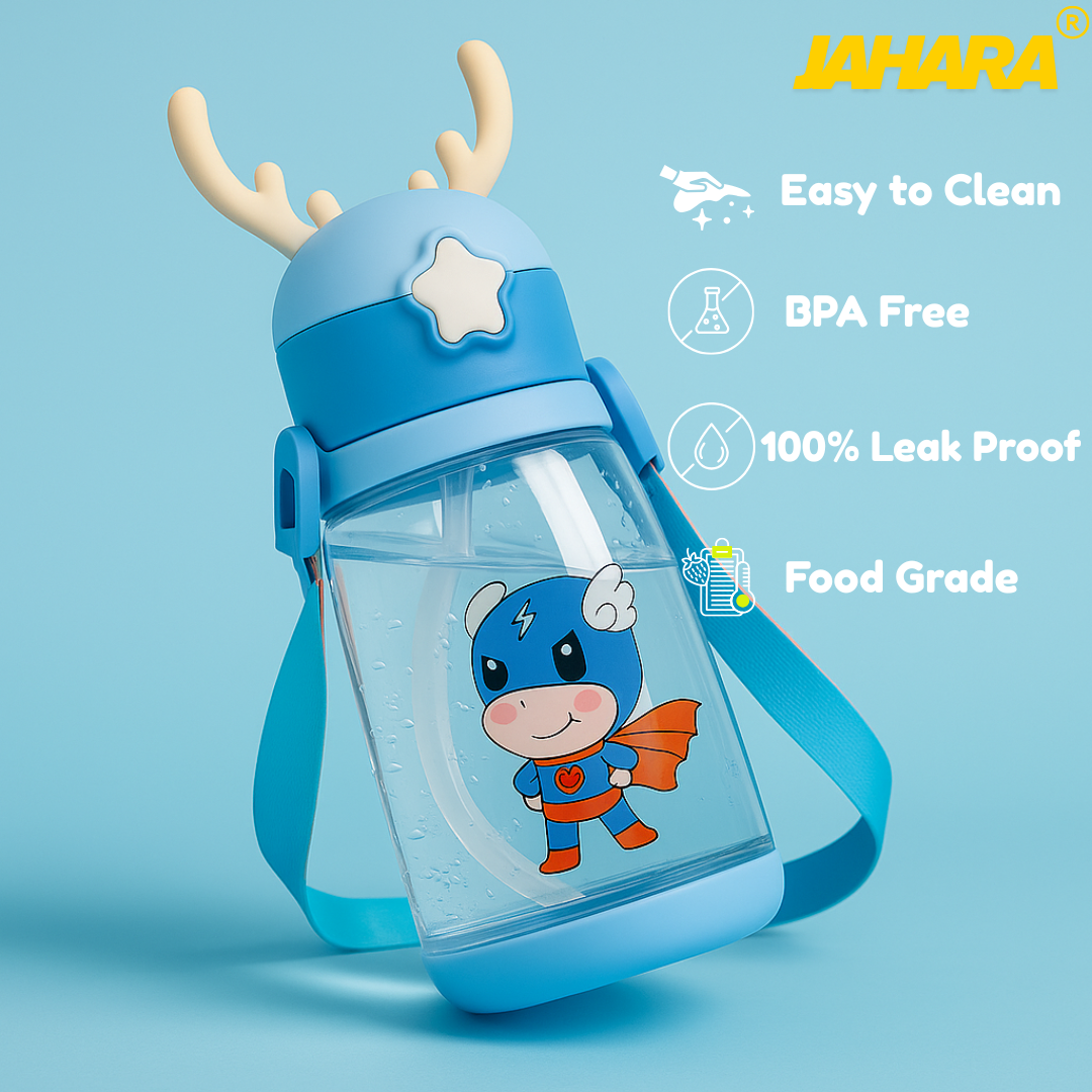 Superhero Cute Cartoon Horn Kids Water Bottle with Straw & Strap