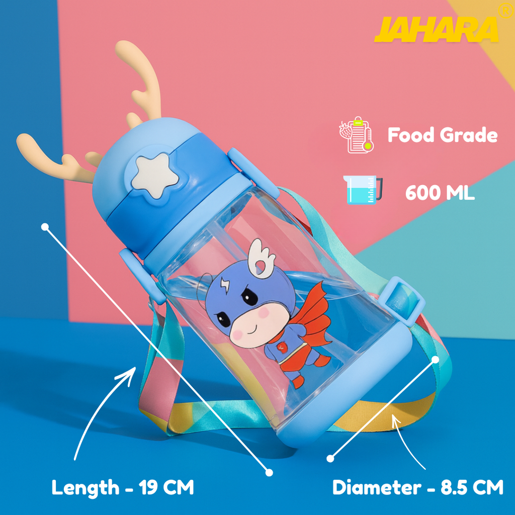 Superhero Cute Cartoon Horn Kids Water Bottle with Straw & Strap